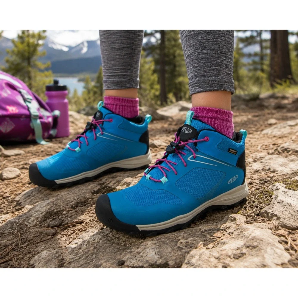 KEEN Wanduro Kids 7Y Blue Pink Mid Waterproof Trail Running Hiking Boots 1027896